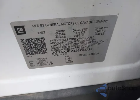 2018 Chevrolet Equinox Lt из США, поврежденный, VIN 2GNAXJEV4J6243739